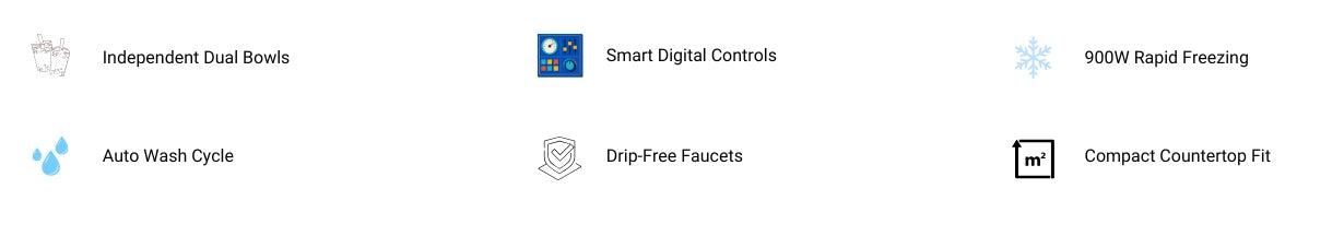 Key features of the smart dual slush maker including independent bowls and auto wash cycle.