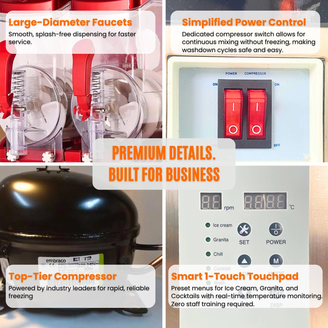 Premium components of a commercial soft serve margarita maker including a smart 1-touch digital panel and simplified power controls.