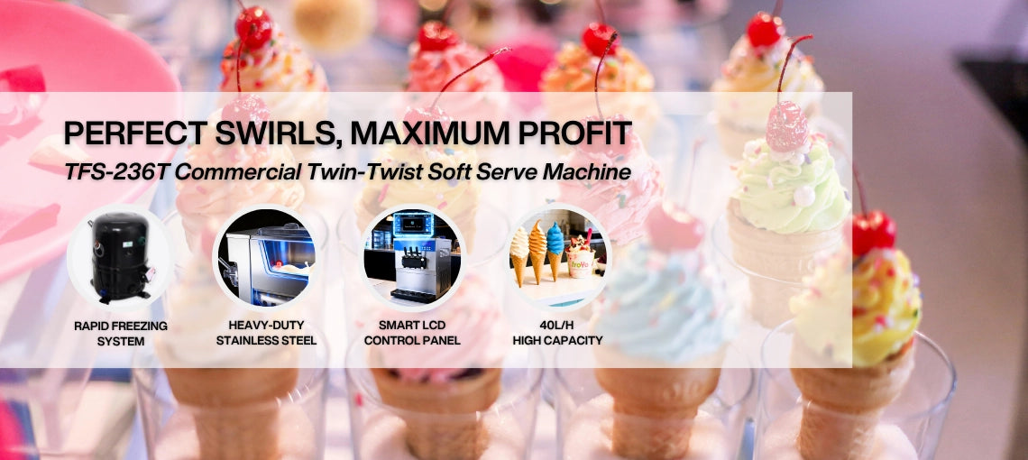 Core components of the TFS-236T soft serve machine: rapid freezing system, heavy-duty stainless steel, and smart LCD control. Máquina de helado de acero inoxidable.