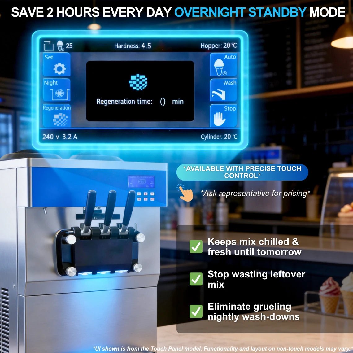 Commercial soft serve machine featuring overnight standby mode to keep mix chilled and reduce daily cleaning time. Máquina de helado con modo nocturno.