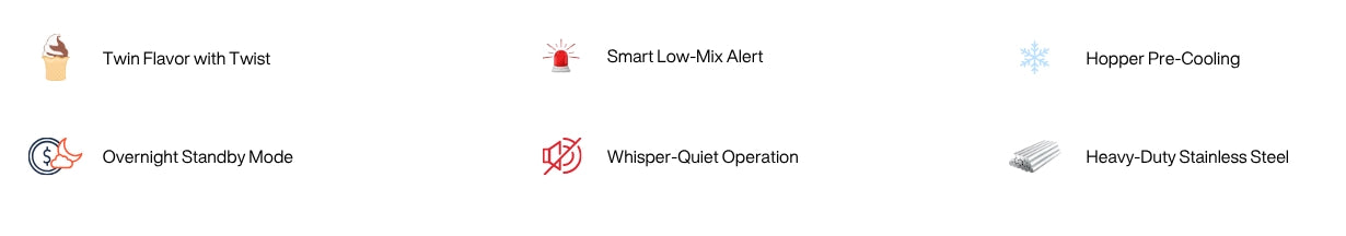 Smart features of TFS-236T soft serve maker including twin flavor, hopper pre-cooling, and overnight standby mode. Características inteligentes de máquina de helado.