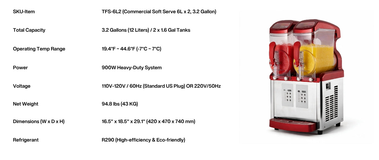 Detailed technical data sheet and operating temperatures for the soft serve margarita machine.