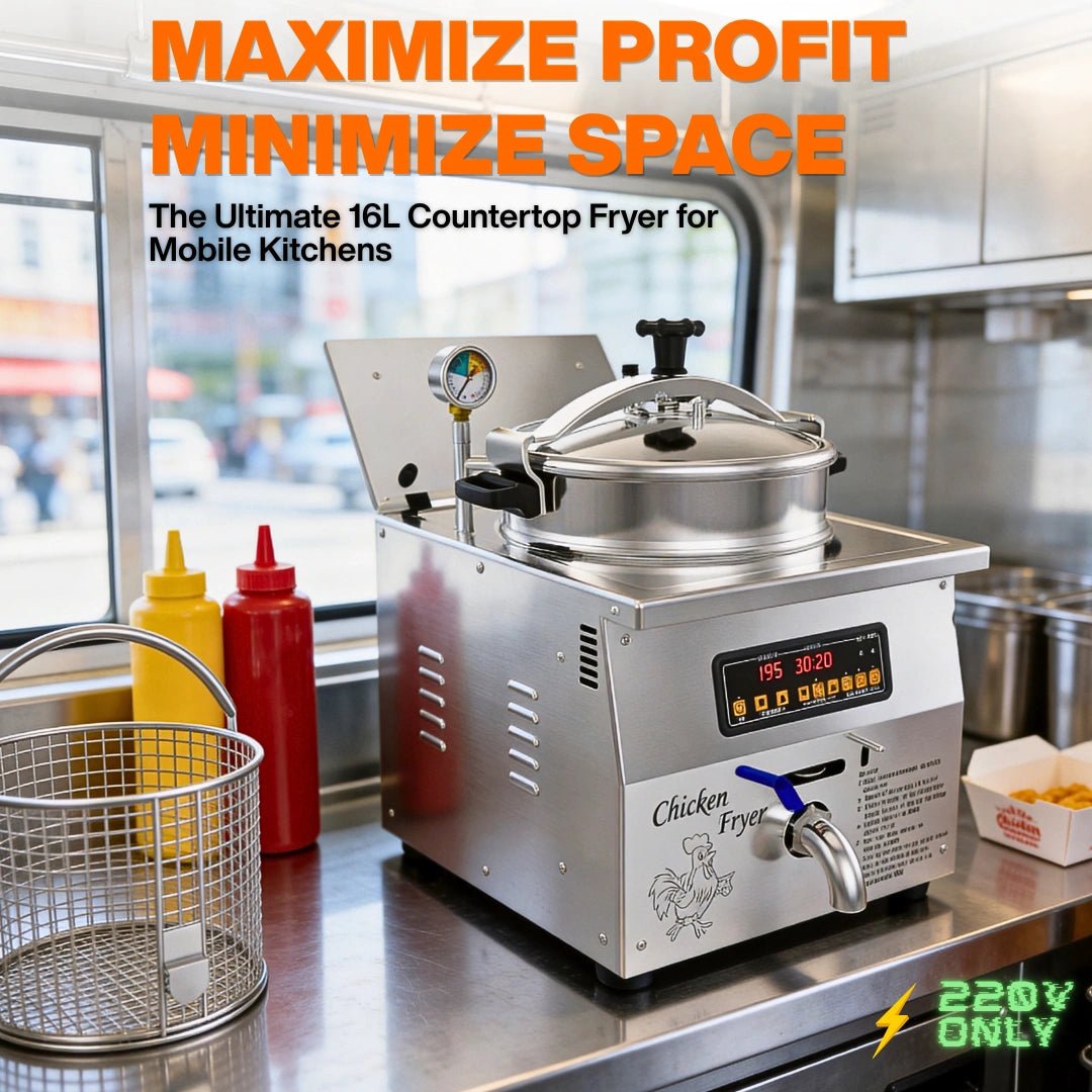 The ultimate 16L countertop pressure fryer installed in a mobile food truck kitchen, maximizing profit and minimizing space with a 220V power requirement.
