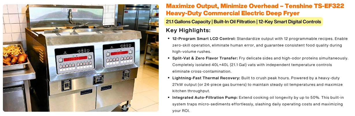 Heavy-duty stainless steel construction of the Tenshine TS-EF322 split-vat commercial electric fryer, designed for high-capacity cooking and durability.
