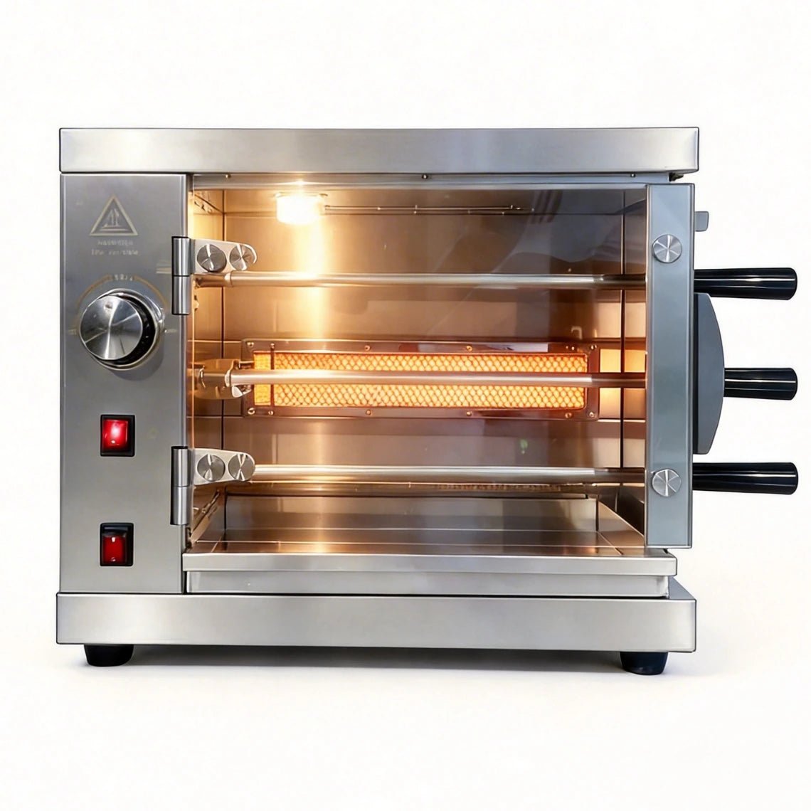 Front view of the space-saving stainless steel 3-spit commercial chicken roaster by Tenshine.