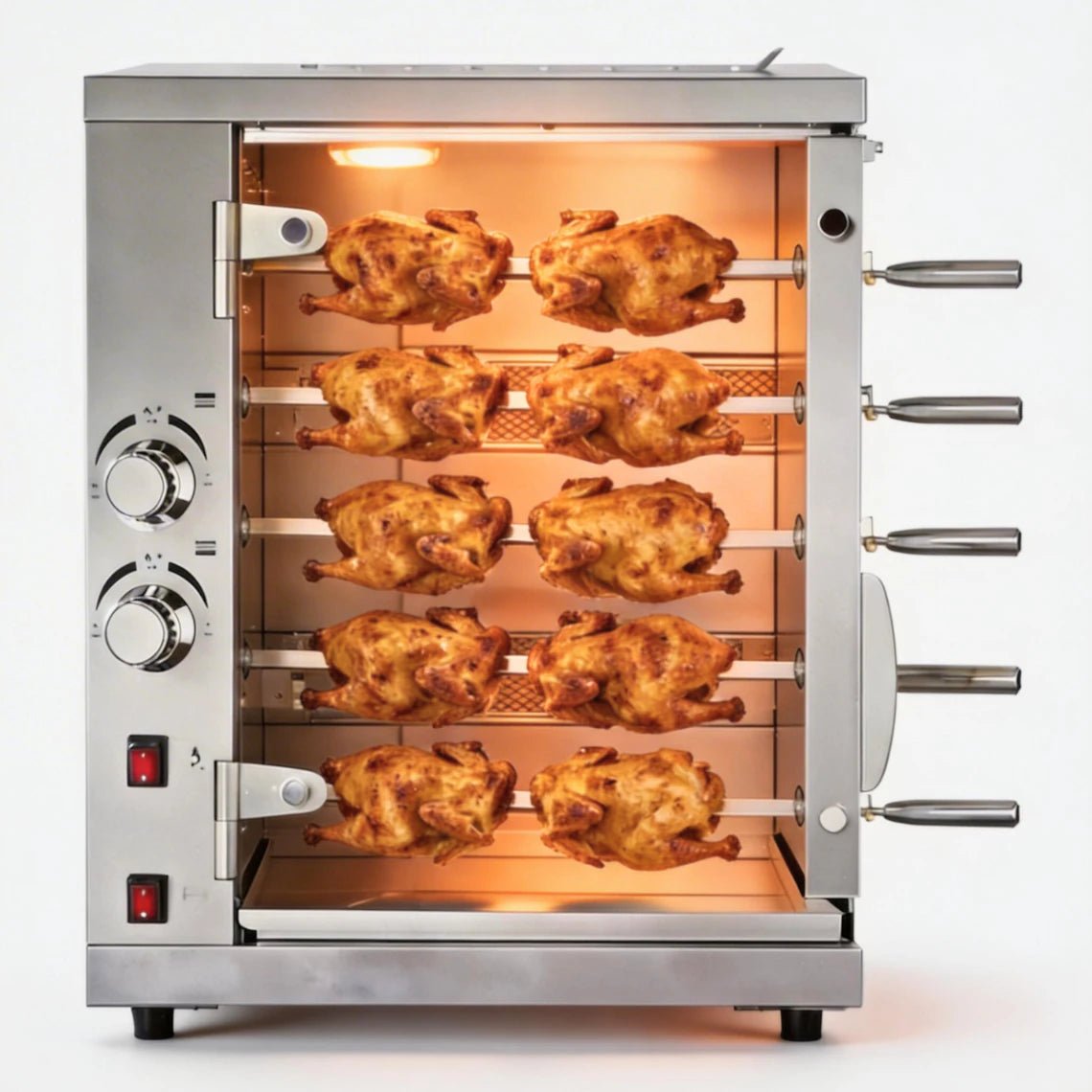 Front view of stainless steel 5-spit commercial chicken roaster with 25 bird capacity.