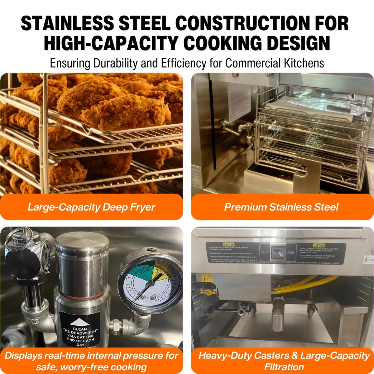 Premium stainless steel construction and safety gauge on the Tenshine commercial pressure fryer