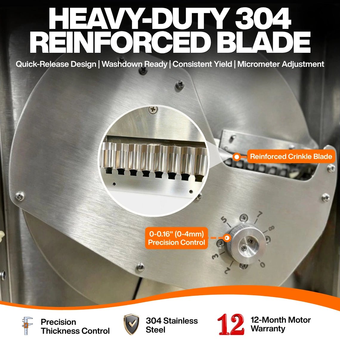 Close-up of the 304 stainless steel crinkle cutter reinforced blade and 0-4mm precision thickness control dial.