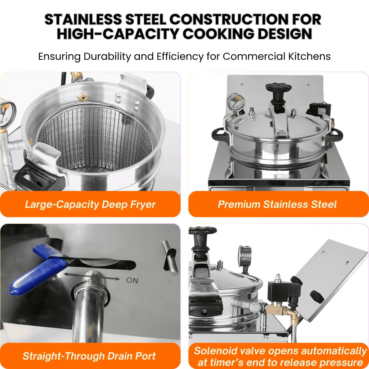 Premium 304 stainless steel construction of the tabletop pressure fryer for easy cleaning.