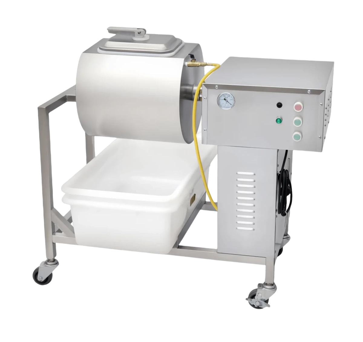 Studio shot of the stainless steel vacuum meat massager against a black background, highlighting its robust construction.