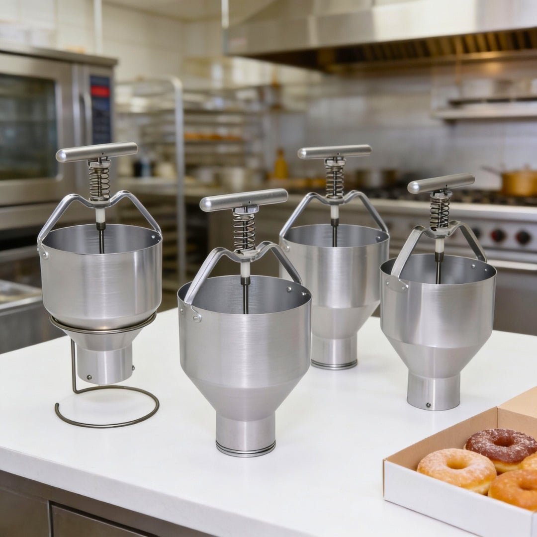 Professional manual doughnut depositors on a bakery table next to a box of fresh glazed donuts