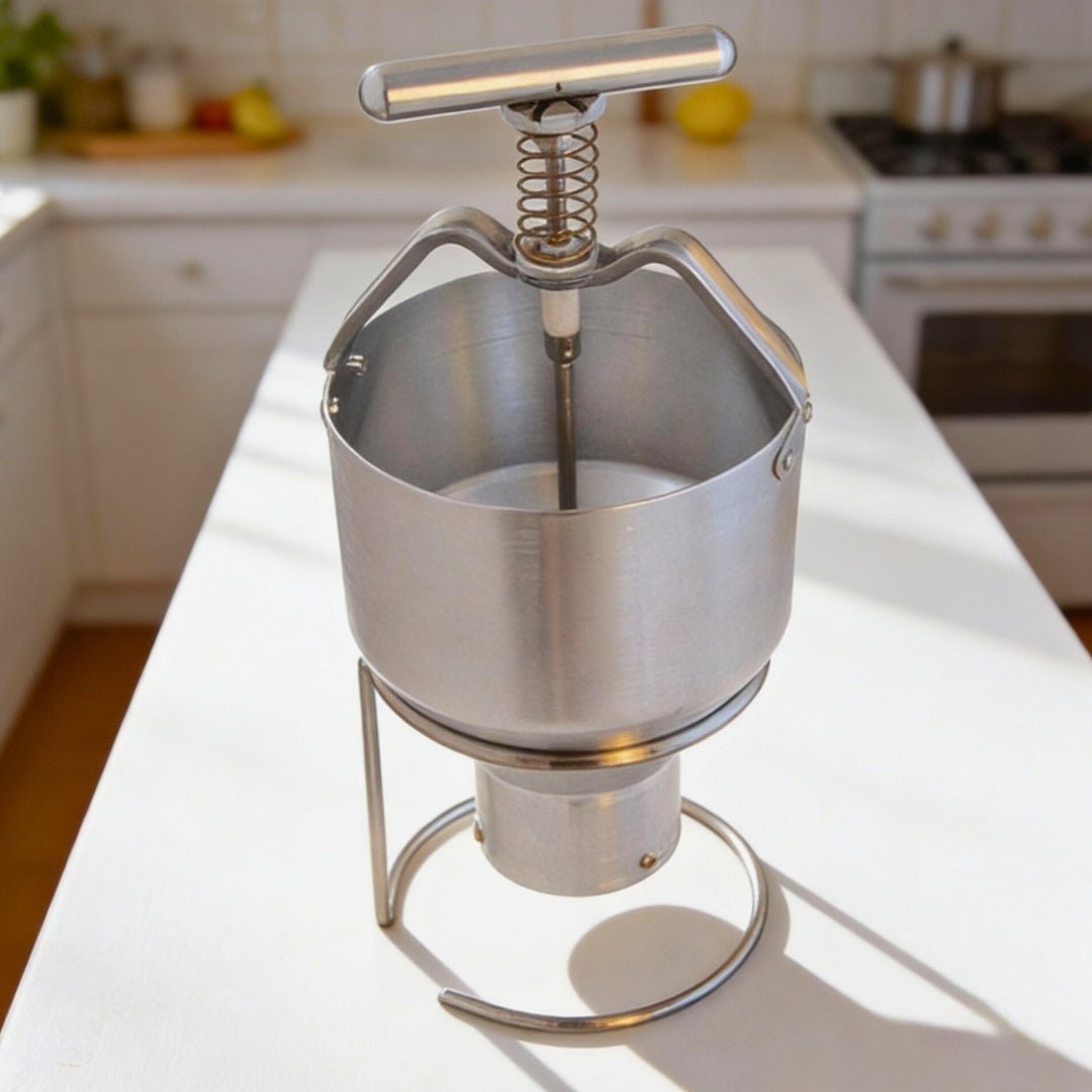Tenshine T-3 manual donut dropper with stainless steel stand on a kitchen counter