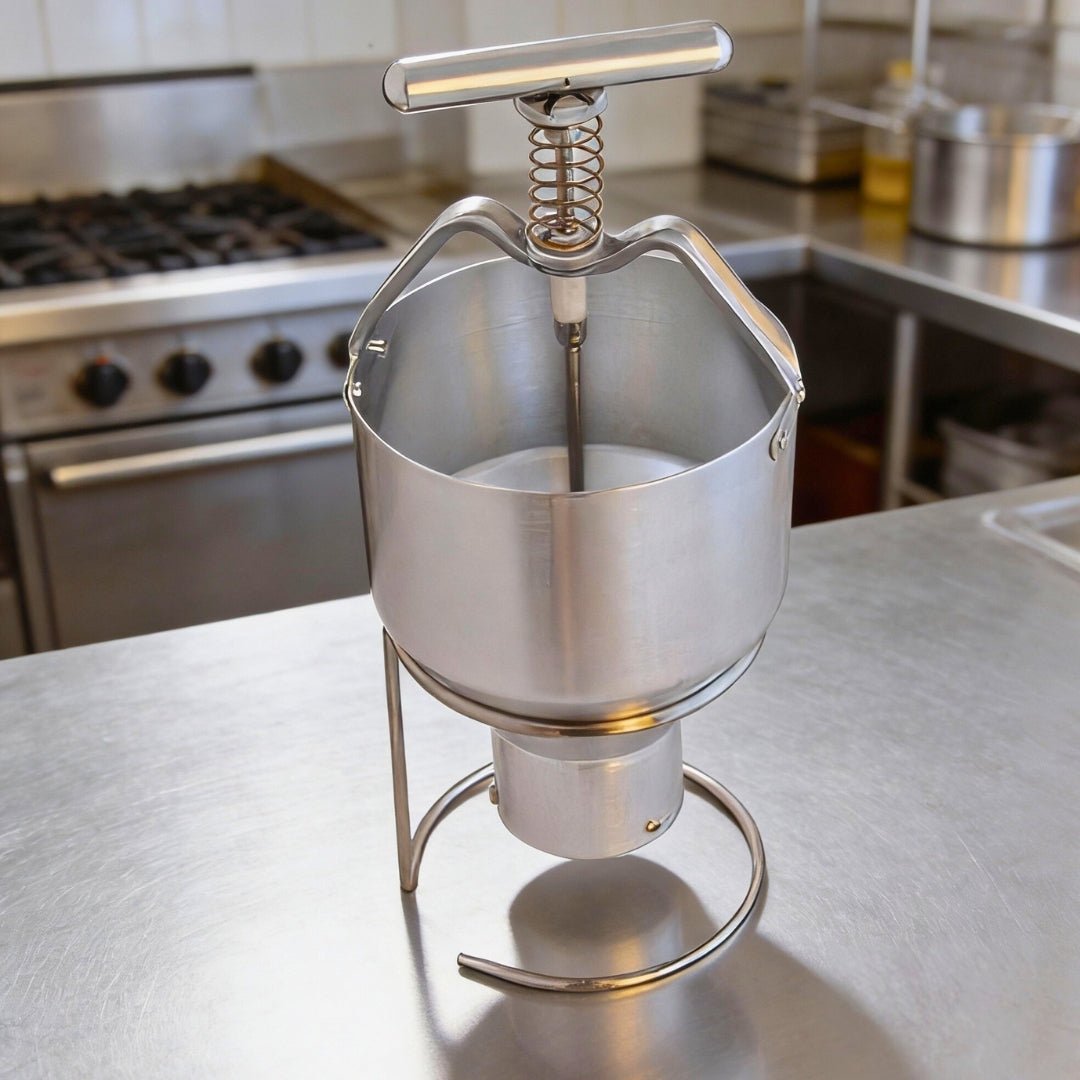Durable aluminum and stainless steel donut plunger on a commercial metal workspace