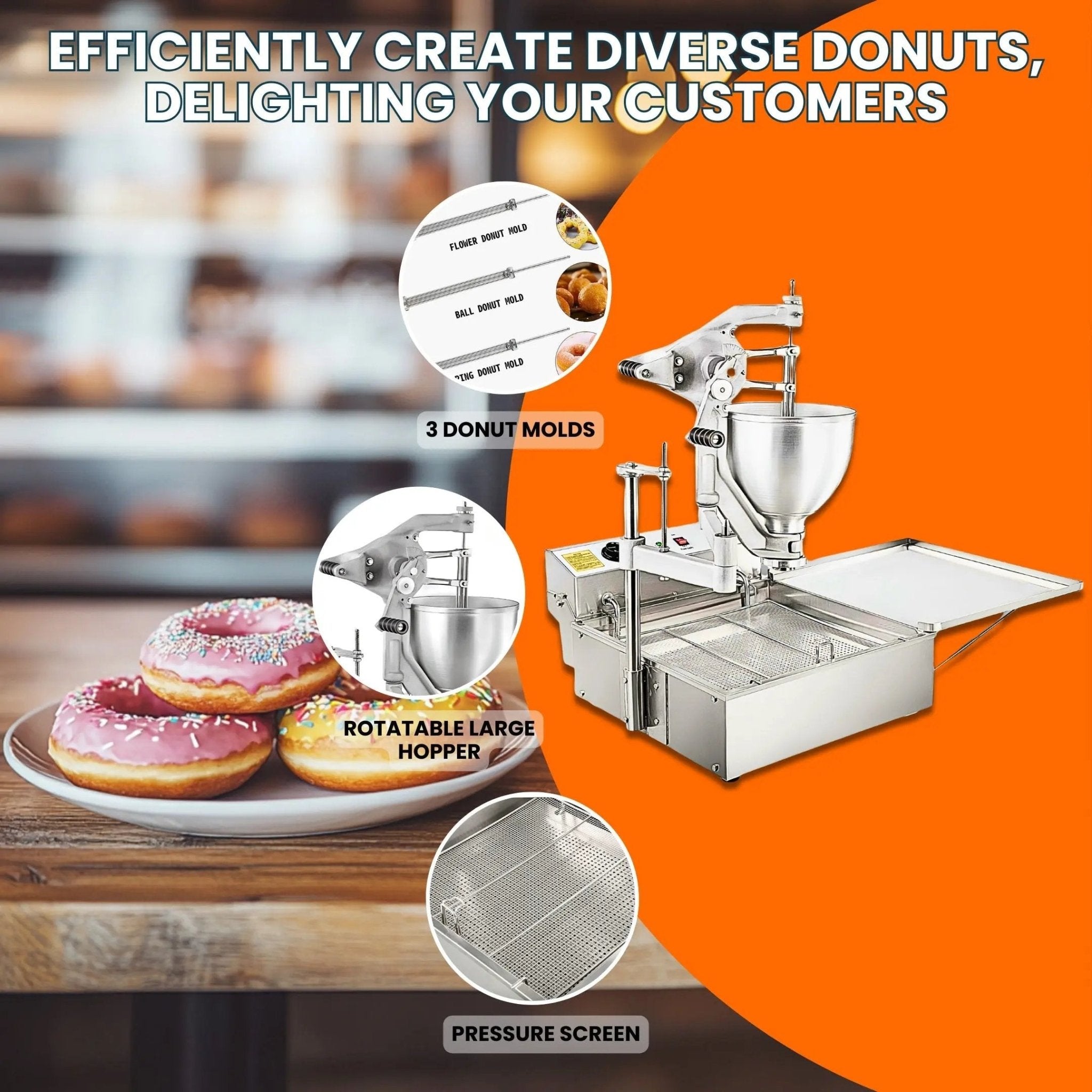 T-102 manual donut machine featuring 3 molds for ring flower and ball donuts with rotatable hopper