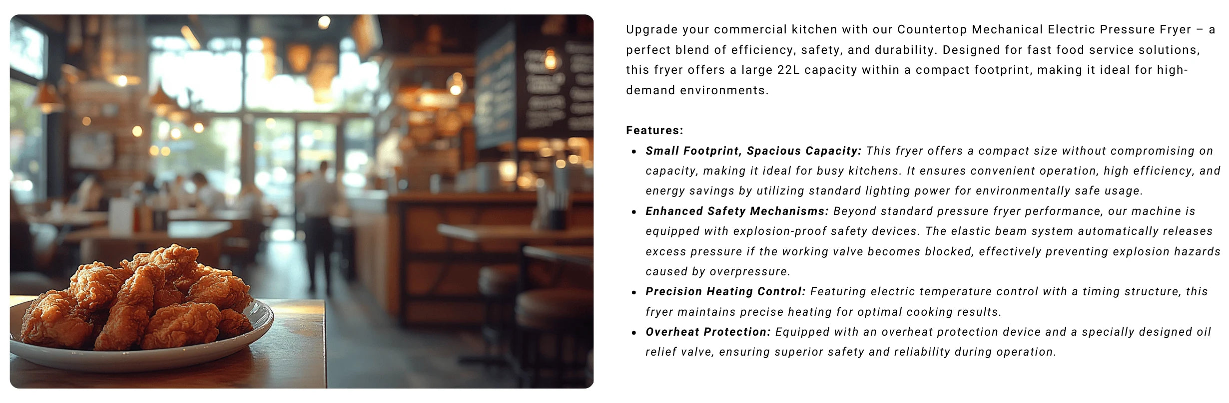 About this item specifications highlighting the massive 22L capacity of our heavy-duty tabletop deep fryer.