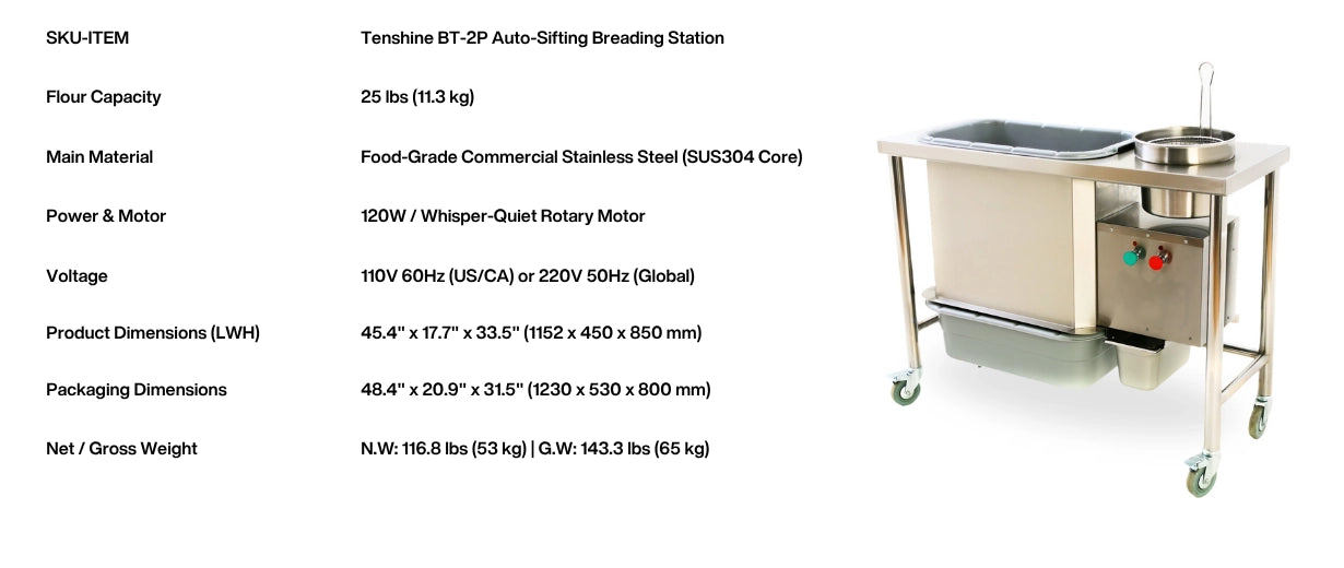 Technical parameter table for the Tenshine BT-2P commercial chicken breading station, detailing 25 lbs flour capacity and dual voltage options.