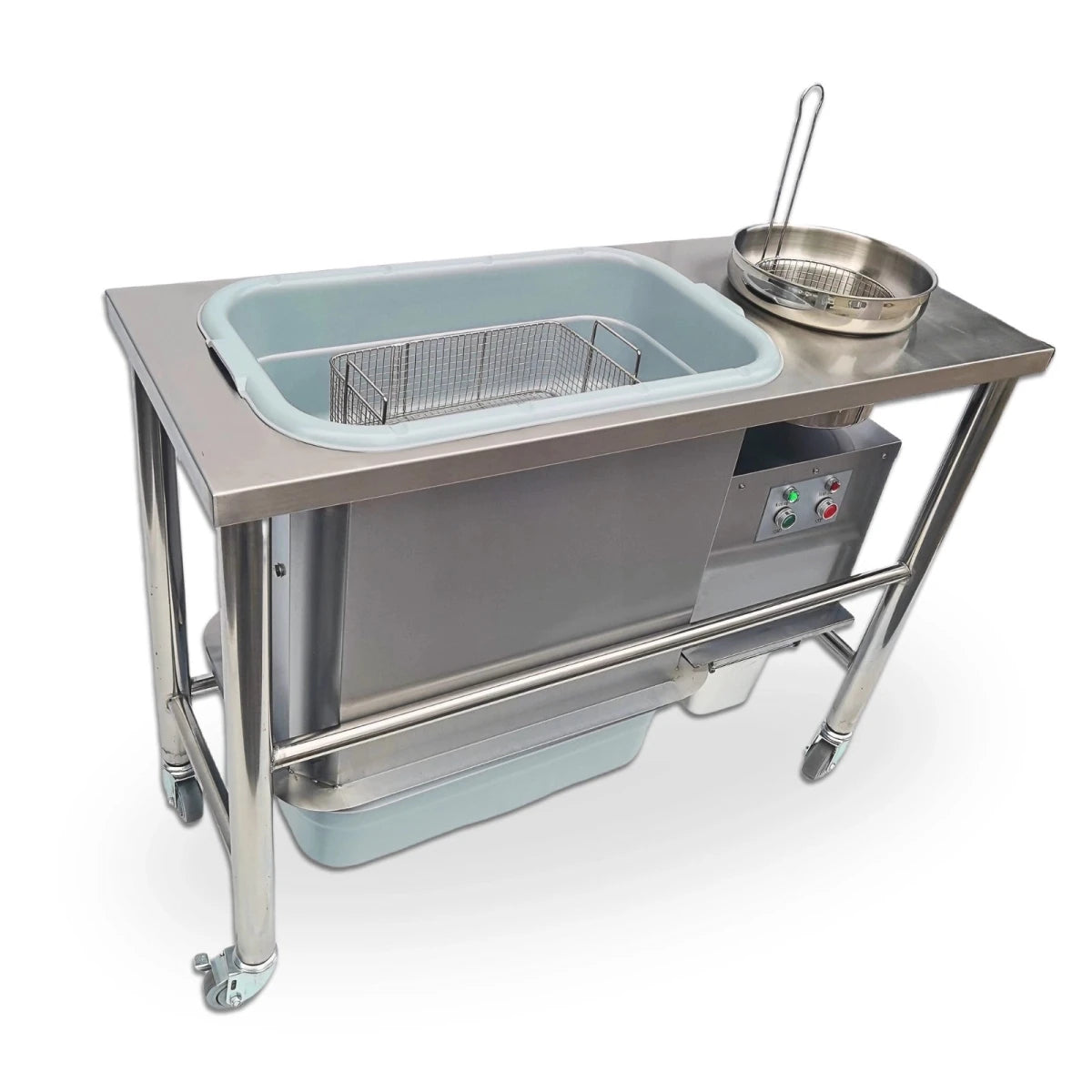Front angle view of the Tenshine BT-2P commercial chicken breading station with automatic flour sifter, 220V model for global QSR kitchens.