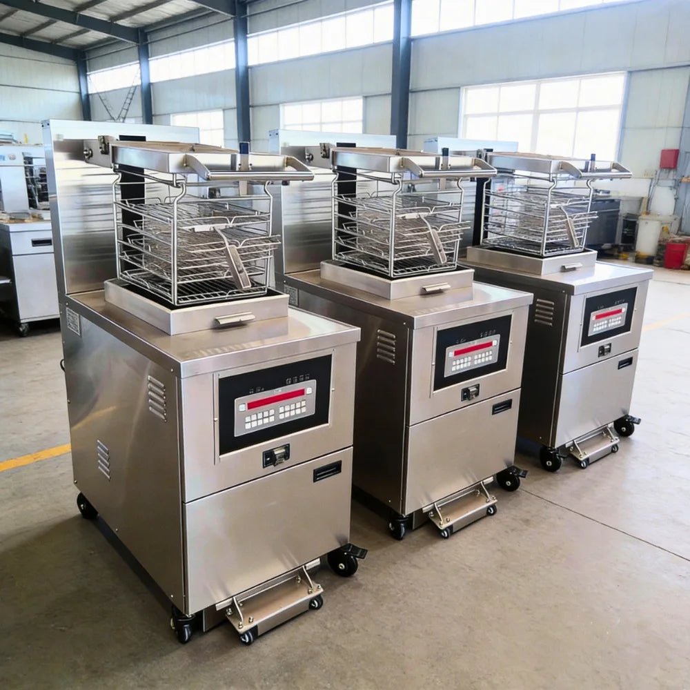 Factory warehouse view of Tenshine OFG-5910 commercial fryers. High-volume manufacturing inventory ready for wholesale distribution and export.