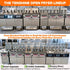The Tenshine commercial open fryer lineup in a factory showroom, ranging from standard dual-vat models to quad-vat auto-lift configurations.