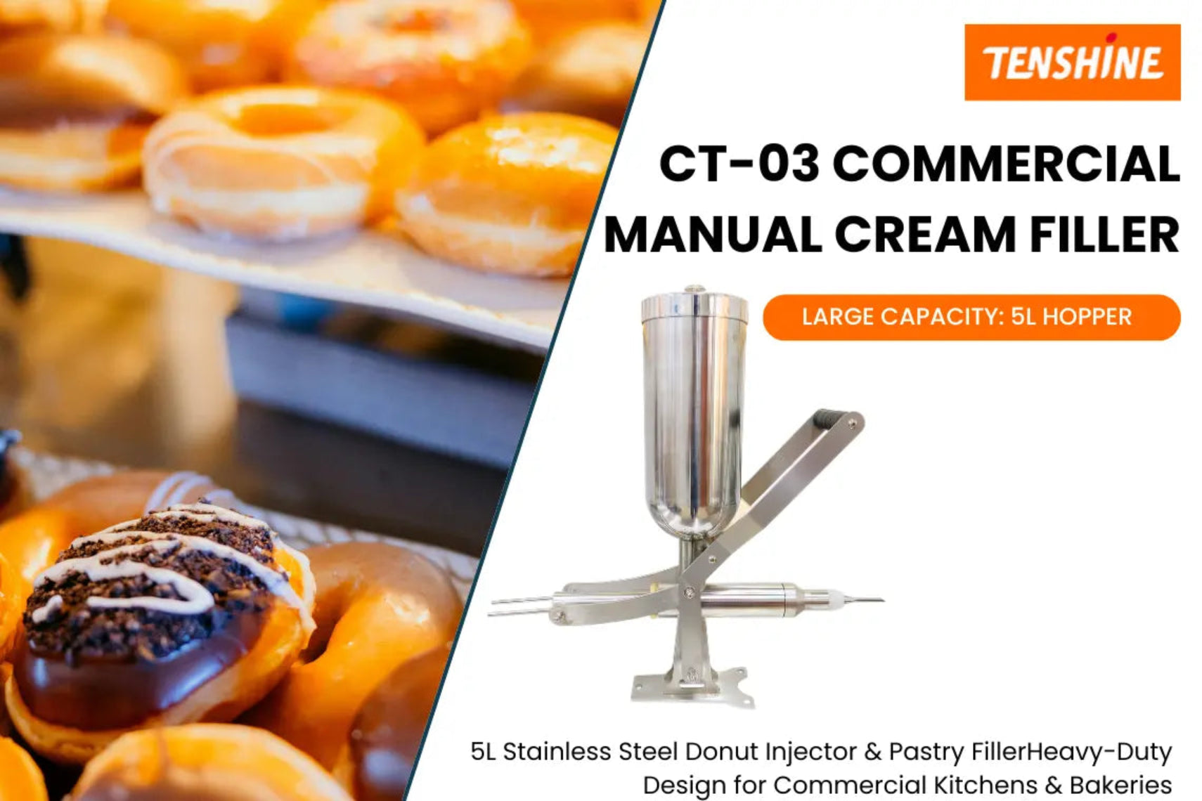 Promotional banner for Tenshine CT-03 Commercial Manual Cream Filler alongside fresh donuts. Text highlights: 