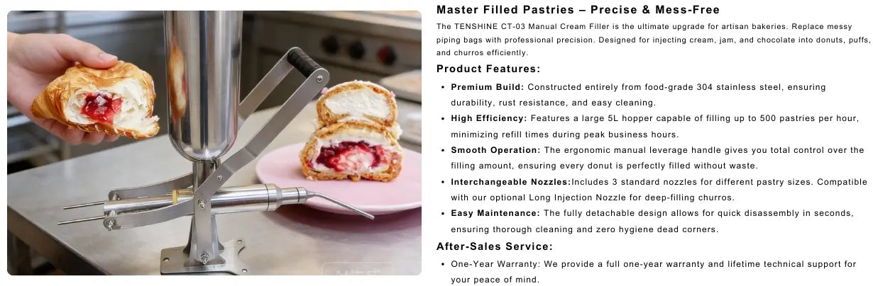 Product description graphic for Tenshine CT-03 Manual Cream Filler. Features highlighted: 5L stainless steel hopper, precision filling control, easy cleaning, and one-year warranty.