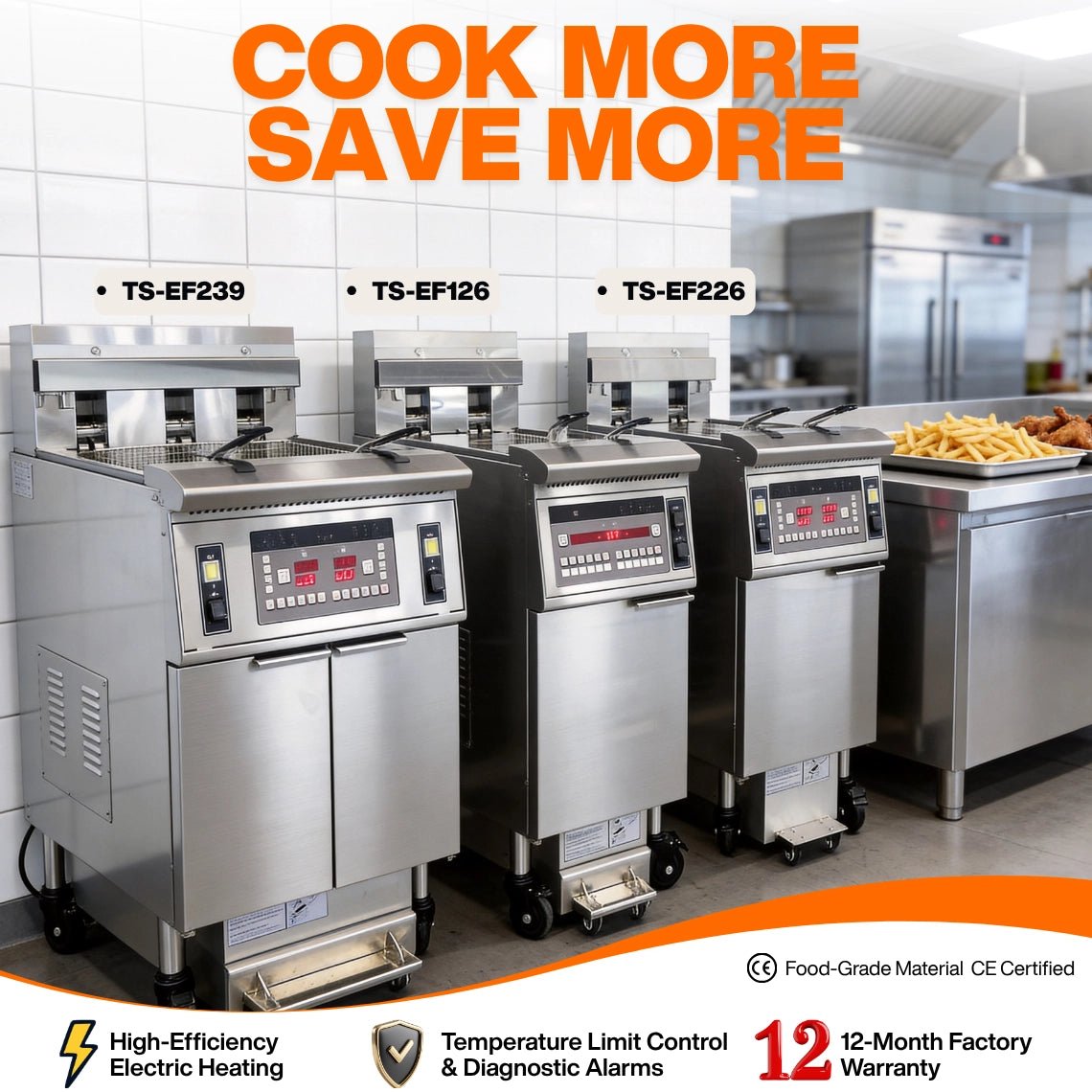 Group photo of the Tenshine heavy-duty electric fryers lineup in a kitchen, featuring the TS-EF239, TS-EF126, and TS-EF226 with independent component verification.