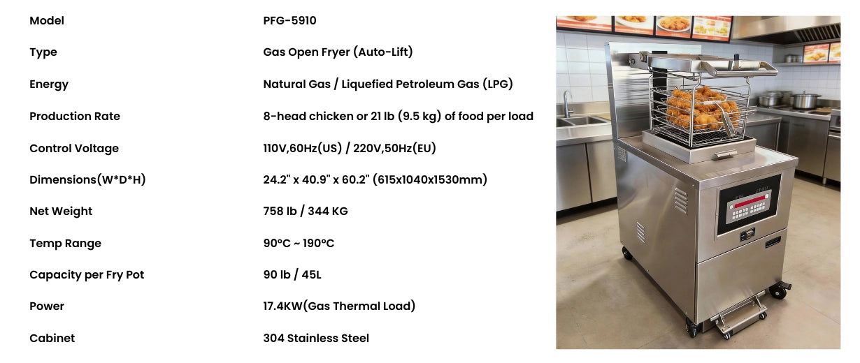 Technical specifications for Tenshine OFG-5910 Commercial Gas Open Fryer. Key specs: 45L oil capacity, 17.4KW gas power, auto-lift system, and dimensions.