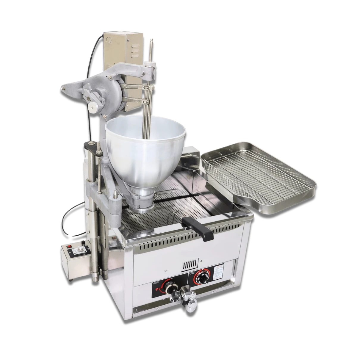 Heavy-duty gas donut machine globally compatible 220V model, delivering 15 pieces per tank with zero manual prep labor for high-volume QSRs.