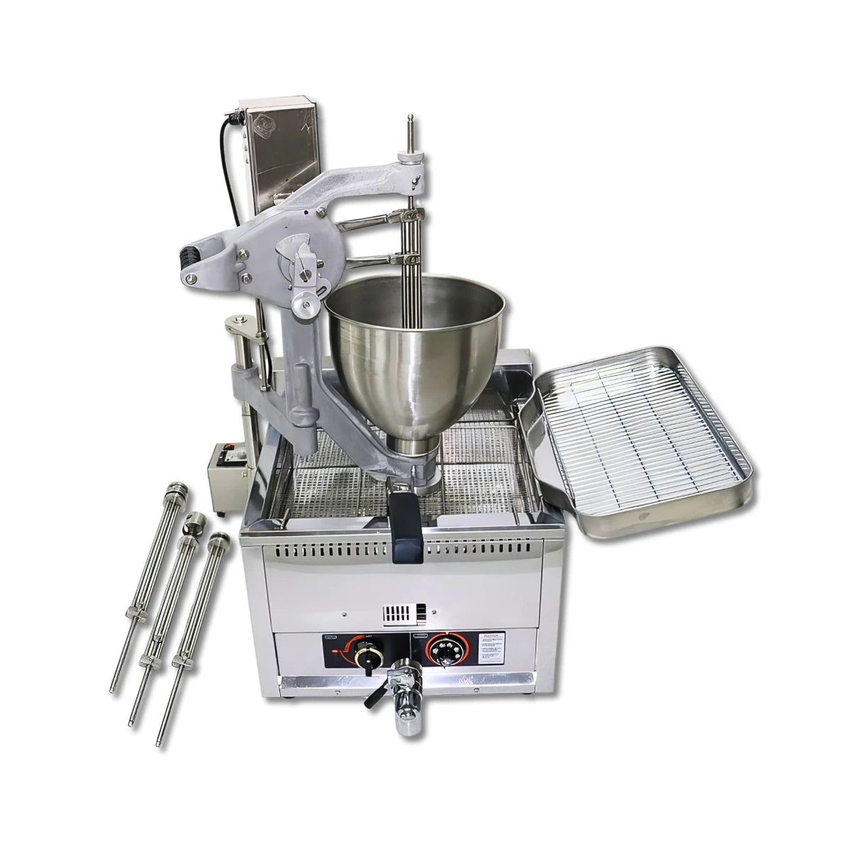 Hero image of the Tenshine T-102SRQ commercial gas donut maker machine, featuring a 110V low electrical draw and 12kW gas heating for bakeries.