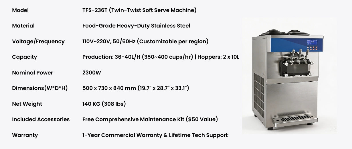 Technical specifications and data sheet for Tenshine TFS-236T commercial ice cream machine, including dimensions and 2300W power. Especificaciones técnicas de máquina de helado.