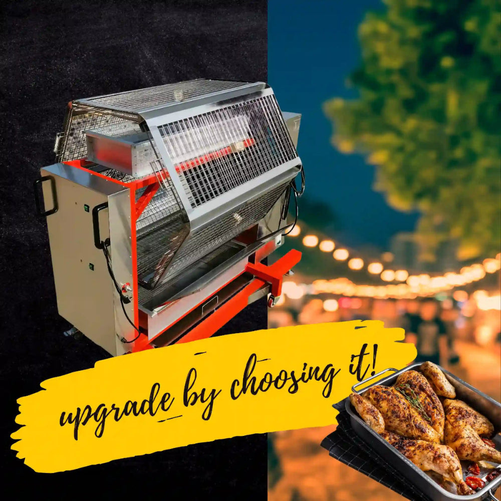 Tenshine TFS-48G commercial rotisserie grill machine displayed with golden roasted chicken, highlighting business upgrade options