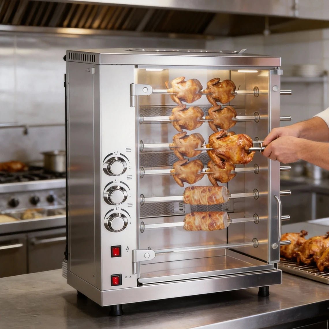 Chef loading whole chickens into Tenshine TFS-7S Commercial Gas Rotisserie Oven. Shows easy operation and high-capacity 7-spit design for restaurants.