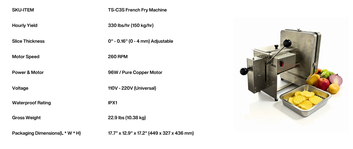 Complete technical specifications chart for the Tenshine TFS-C3S commercial crinkle cutter machine.
