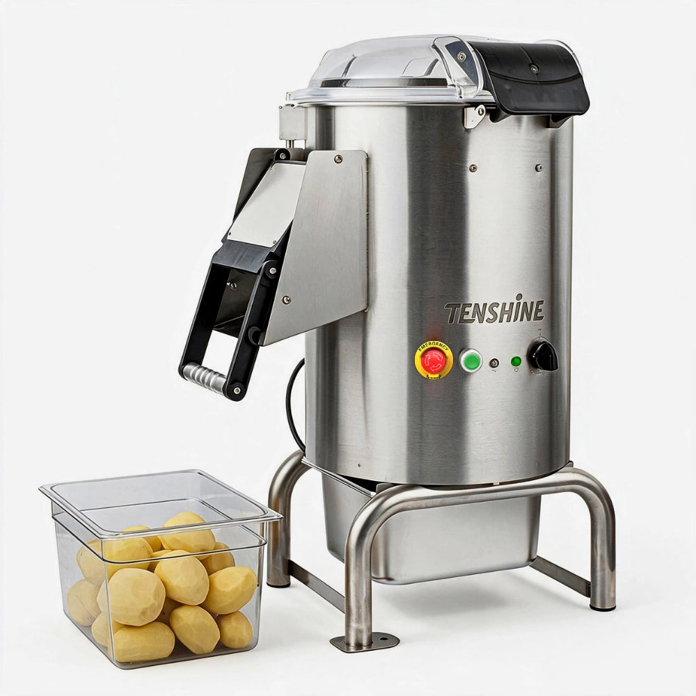Tenshine TFS-PP10 mid-volume electric potato peeler processing a full 22 lb batch of root vegetables.