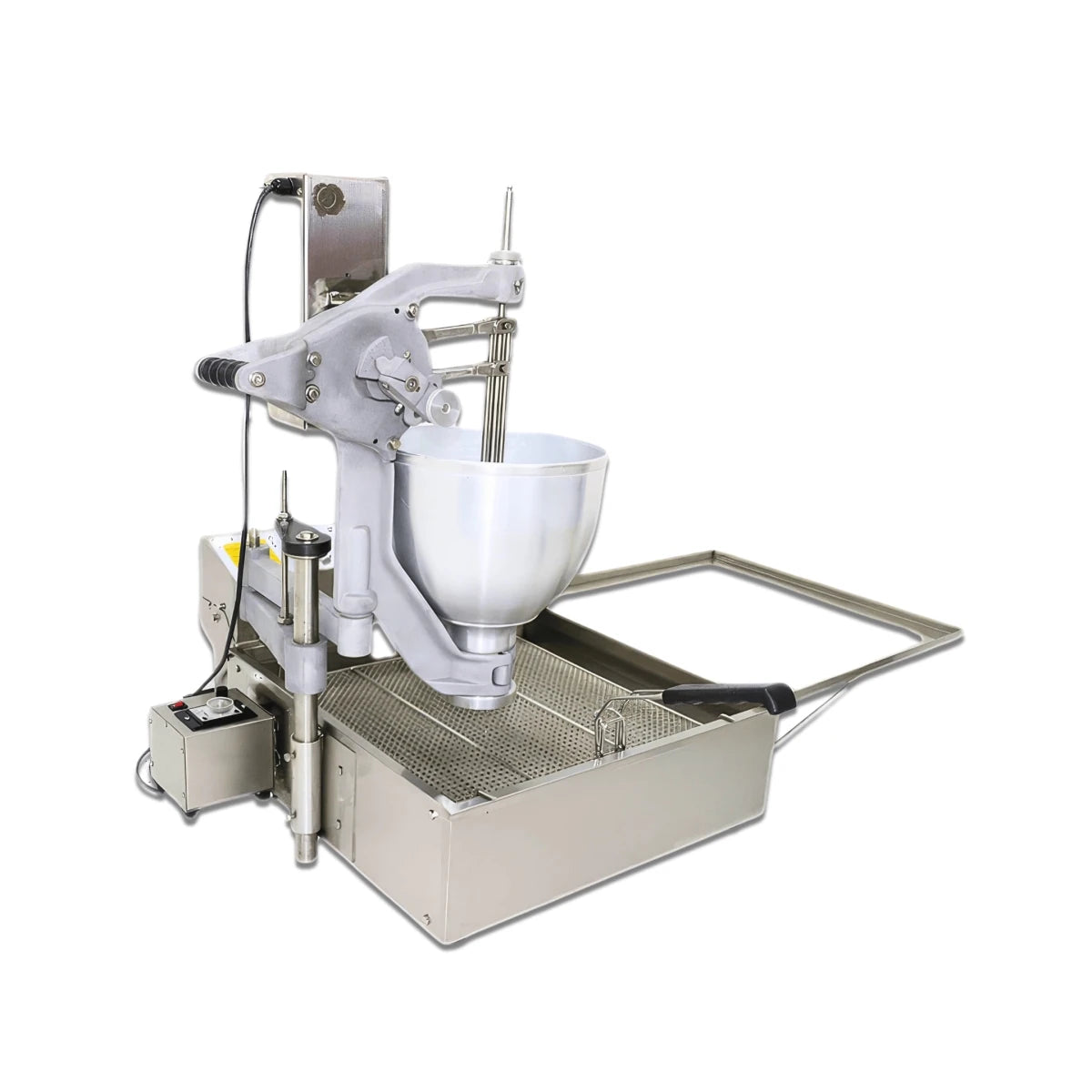 Hero image of the Tenshine TFS-T102S commercial donut maker machine, showcasing its heavy-duty stainless steel design and electric heating system for high-volume bakeries.