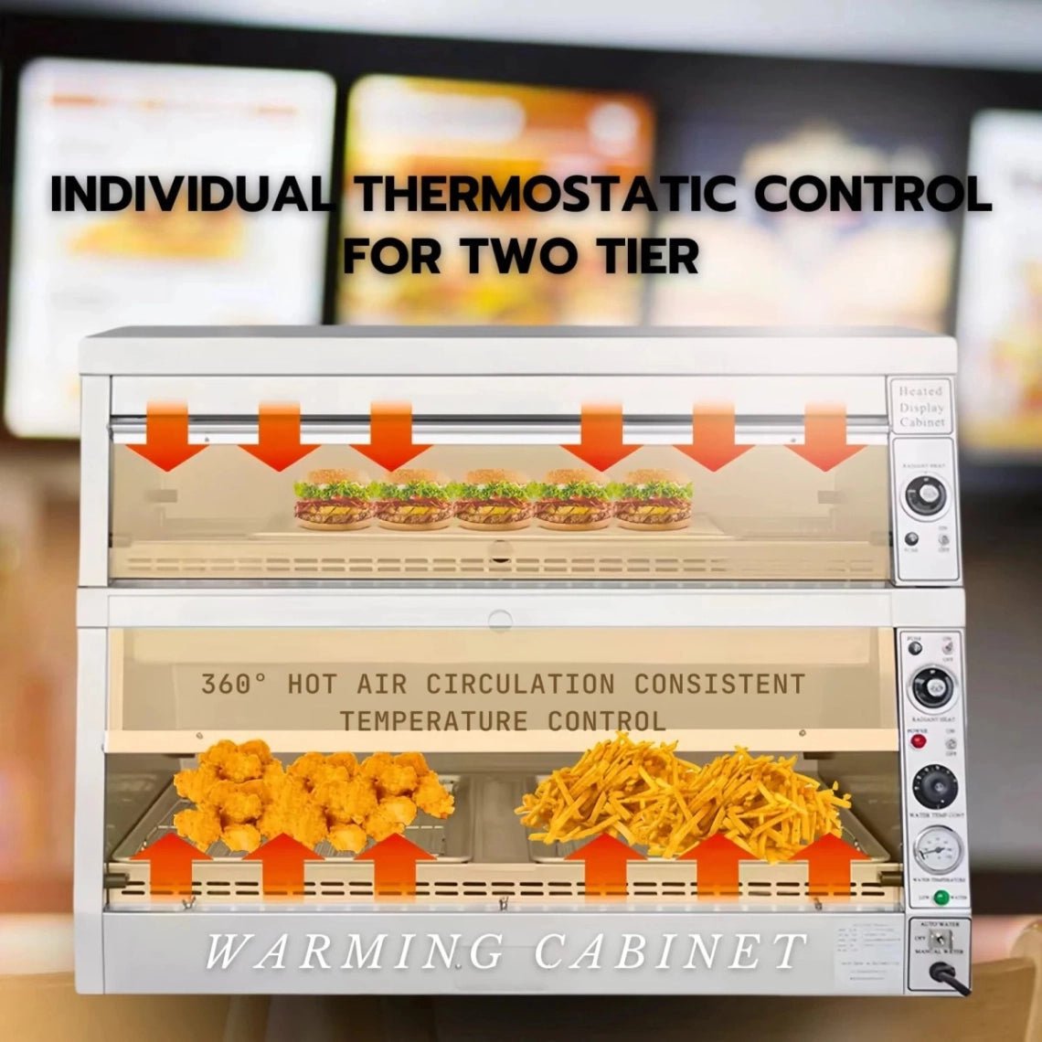 Tenshine TS-DW3 fried chicken holding cabinet with humidity in a high-volume kitchen setting, featuring 360° hot air circulation for consistent temperature control.