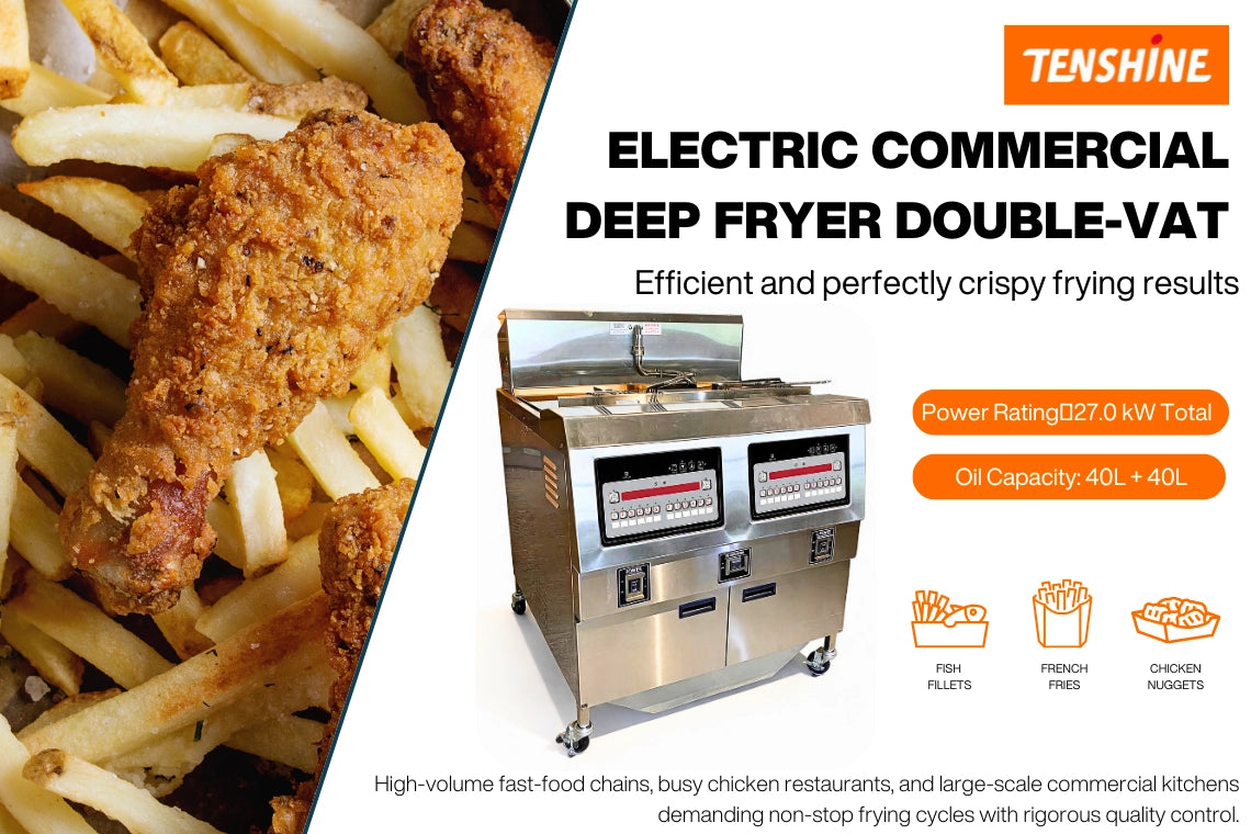Front view of the Tenshine TS-EF322 commercial electric deep fryer, featuring split-vat double vat design and built-in filtration for high-volume restaurants.