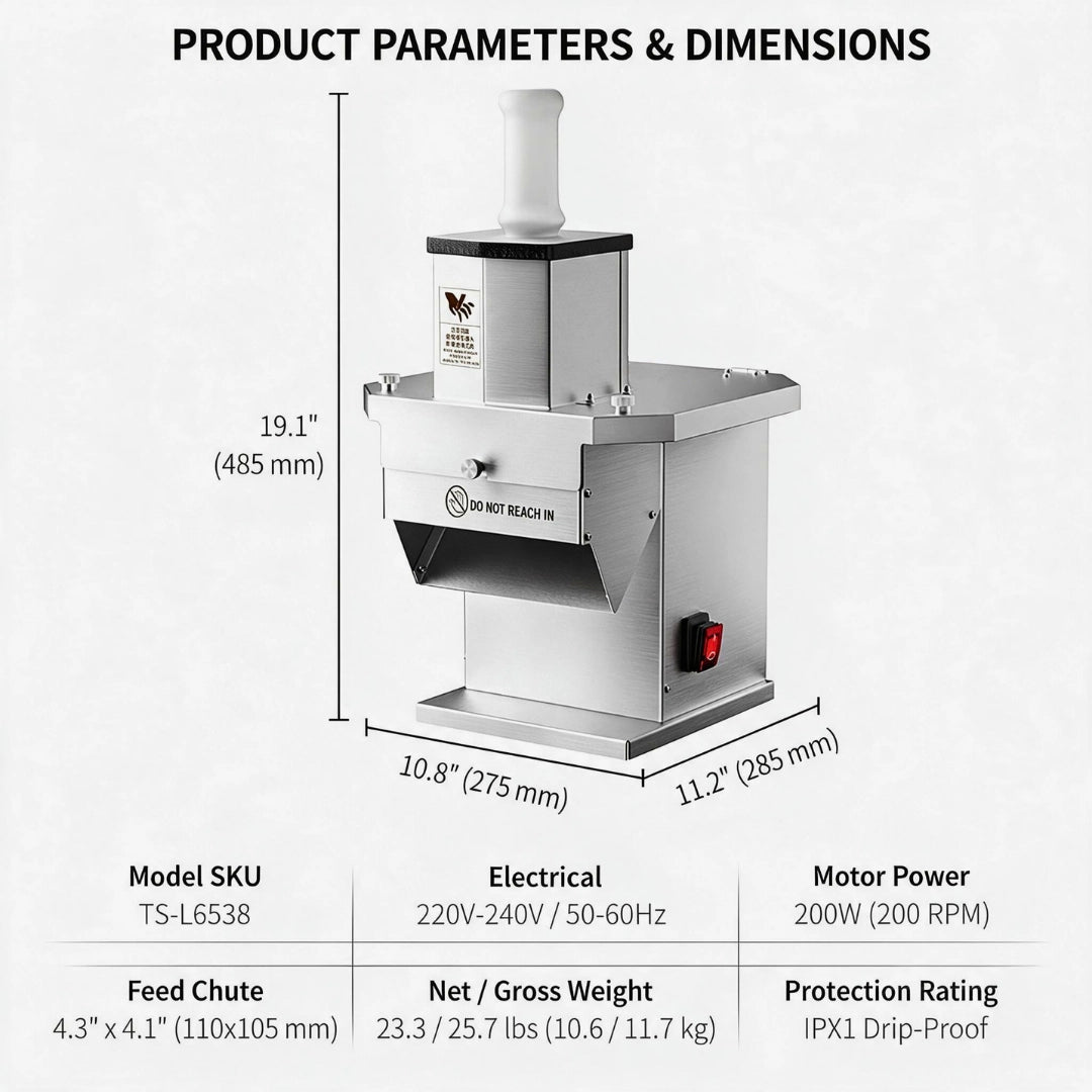 Tenshine TS-L6538 commercial vegetable dicer machine dimensions 10.8 x 11.2 x 19.1 inches and specs