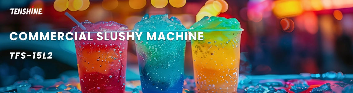 Three vibrant and refreshing frozen beverages displayed under the Tenshine commercial slushy machine brand banner.