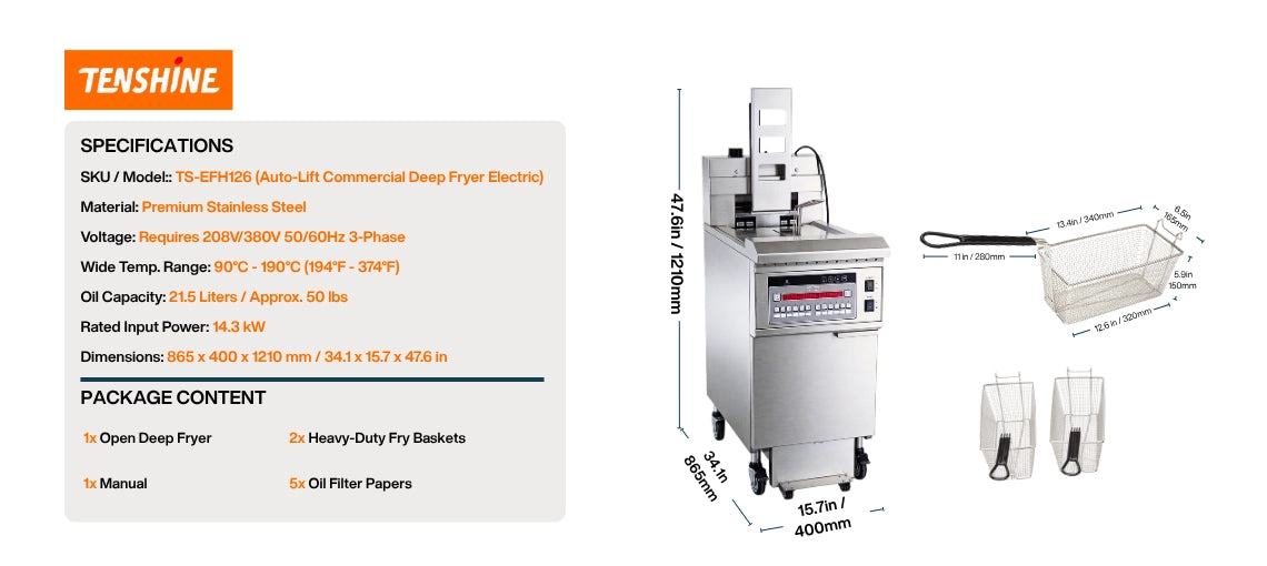 Six core advantages of the Tenshine TF-EFH126 automatic commercial fryer, highlighting the intelligent auto-lift system, built-in oil filtration, and high-efficiency electric heating.