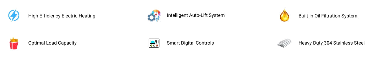 Smart digital controls and optimal load capacity icons for the Tenshine TF-EFH126 heavy-duty 304 stainless steel automatic commercial fryer.