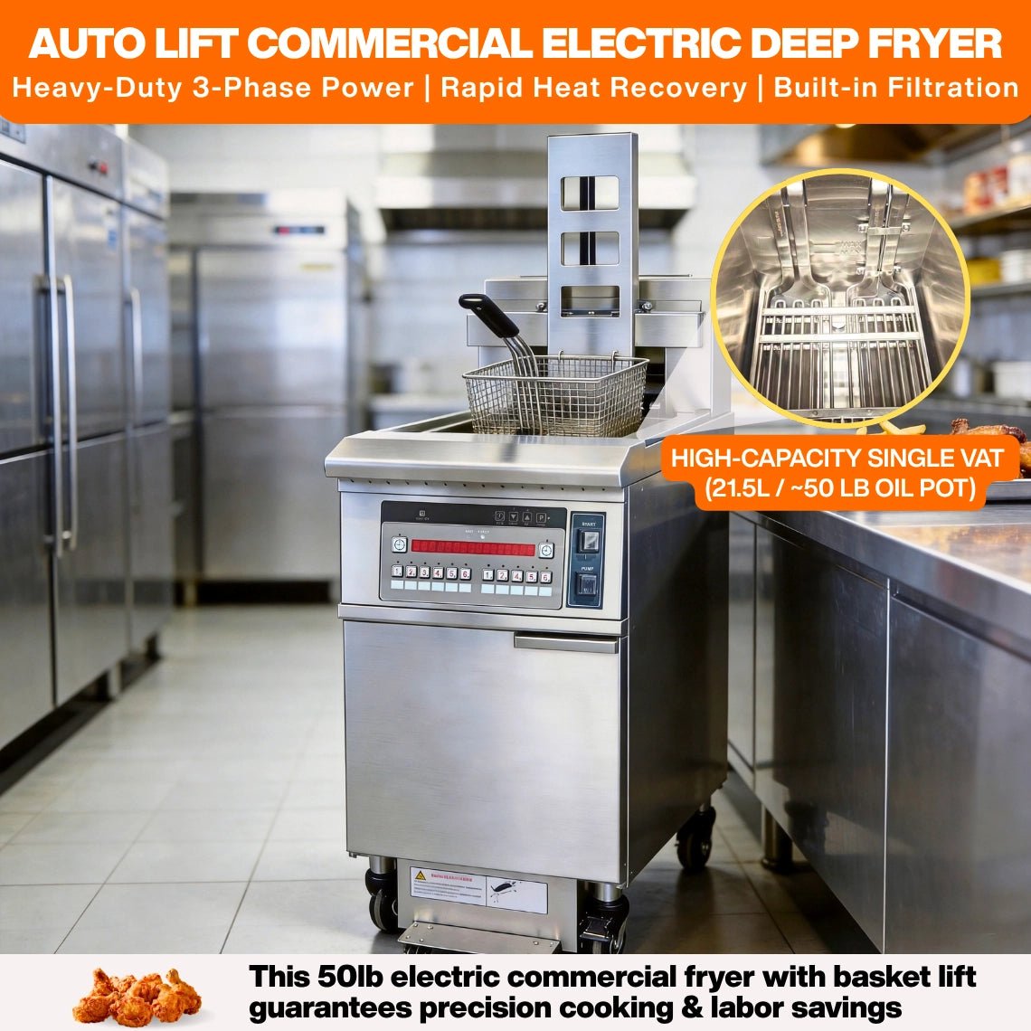 The TF-EFH126 automatic fryer machine featuring a high-capacity single vat (21.5L / ~50 lb oil pot) for heavy-duty 3-phase power and rapid heat recovery.