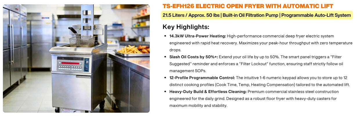 Key highlights of the TF-EFH126 electric commercial fryer with basket lift, featuring 14.3kW ultra-power heating and 12-profile programmable control to eliminate human error.
