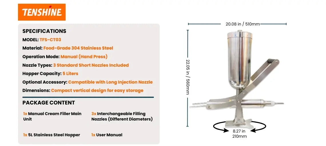Technical specifications and size dimensions diagram for Tenshine TFS-CT03 5L stainless steel manual cream filler.