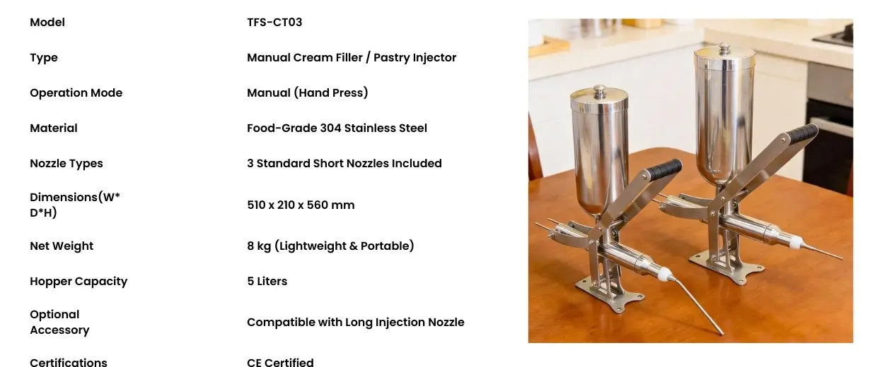 Technical specifications chart for Tenshine TFS-CT03 manual cream filler. Key specs: Food-grade 304 stainless steel, 5L hopper capacity, 8kg net weight, and compatible with long injection nozzle.