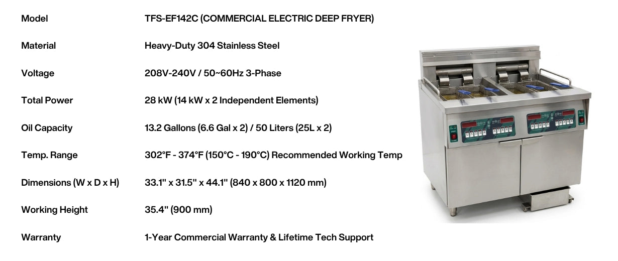 Technical specs table for TFS-EF142C commercial electric deep fryer with heavy-duty 304 stainless steel build.