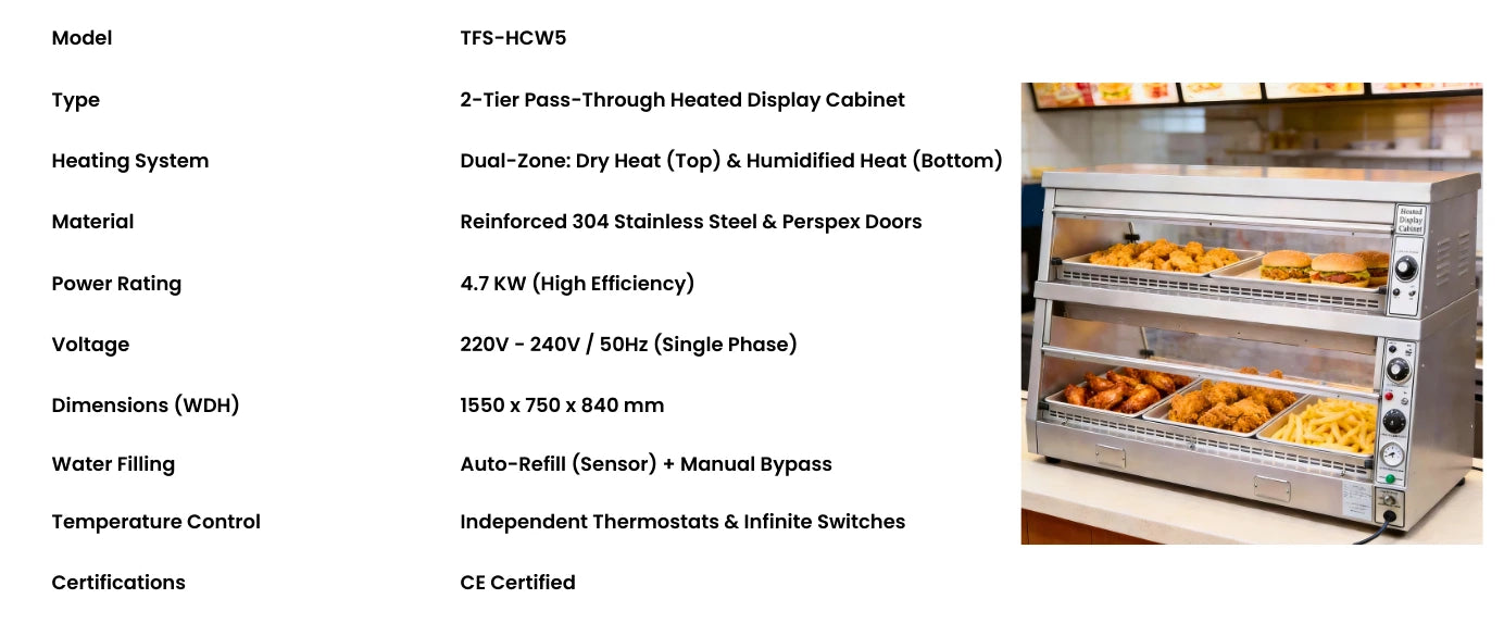 Technical specifications table for Tenshine TFS-HCW5 commercial heated display cabinet. Key specs: 4.7KW power, 1550mm width, dual-zone humidified heat, and auto-water refilling system.