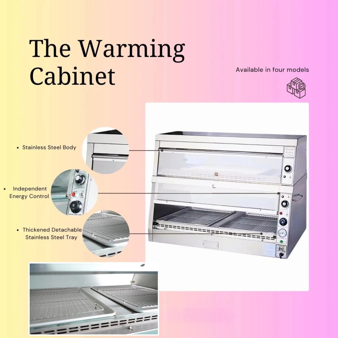 Infographic highlighting core features of the Tenshine TS-DW3 restaurant food warmer cabinet: advanced fried chicken holding cabinet with humidity, pass-through design, and amber lighting.