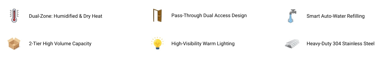Key features of the TS-DW5 commercial food warmer: Dual-zone humidified heat, pass-through access, auto-water refill, 2-tier capacity, warm lighting, and stainless steel body.
