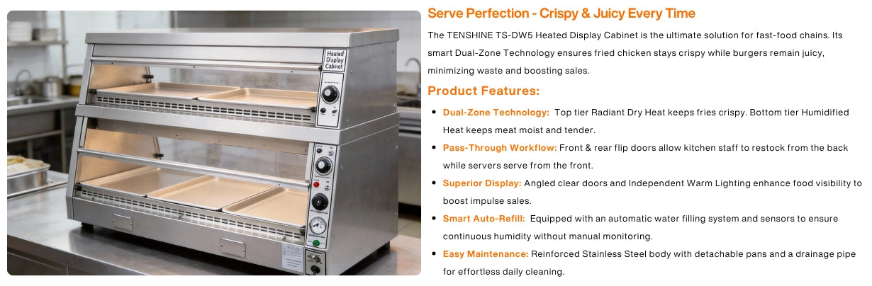 Infographic highlighting features of TS-DW5 heated display cabinet: dual-zone heat, pass-through design, auto-refill, and stainless steel build.